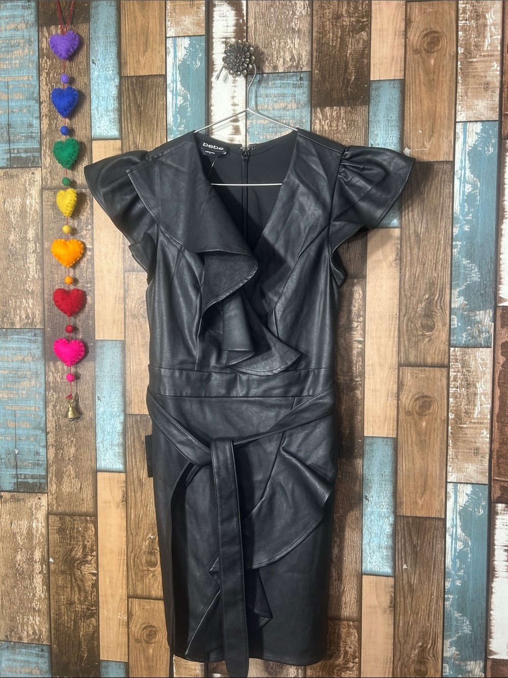 bebe Black Faux Leather Ruffle Sheath Dress with Waist Tie